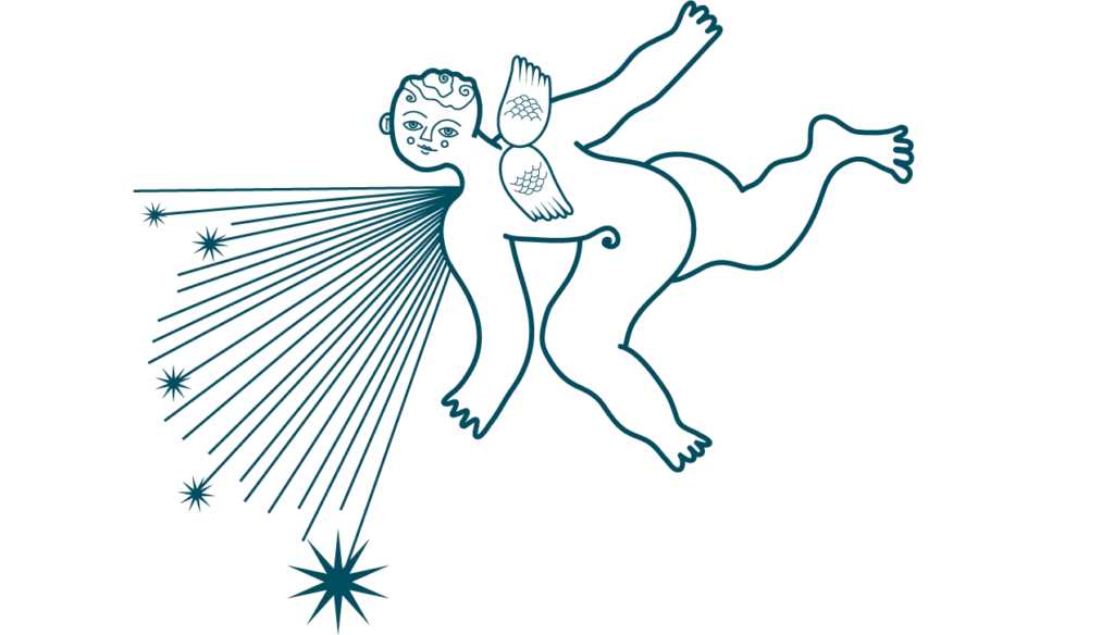 Illustrazione di un putto alato che illumina la scena con un fascio di stelle e luce