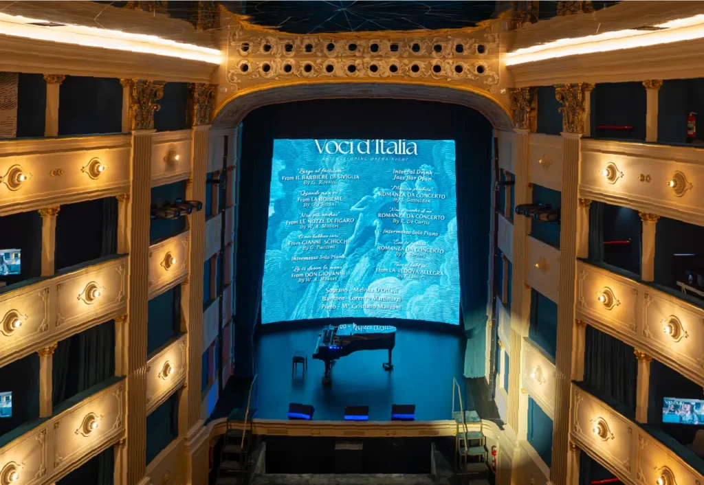 Vista del palcoscenico del Teatro Nazionale di Firenze con pianoforte a coda e maxischermo che mostra il programma di Voci d'Italia