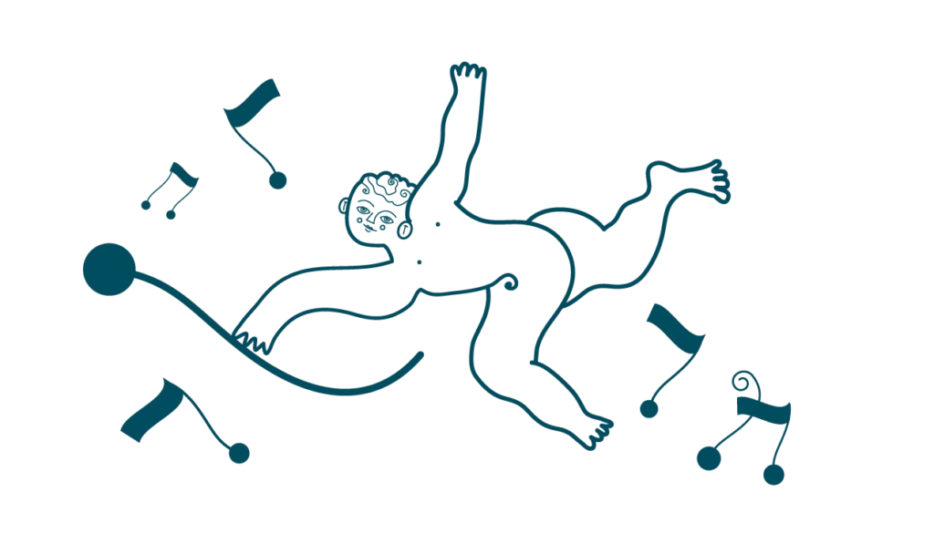 Stylized illustration of a classical cherub floating among musical notes